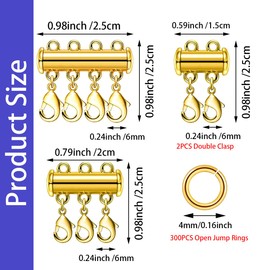 304 Pieces Jewelry Making Accessories Set 4 Pieces 3 Size Necklace Layering Clasps Slide Lock Clasp Necklace Connector Multi Strands Slide Tube Clasps and 300 Pieces Open Jump Ring Connectors (Gold)