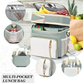 LOKASS Lunch Box & Lunch Bag for Women Men Double Deck,Large Insulated Adult Lunch Box Leakproof Lunchbox Cooler Bag for Work Picnic Beach,（Olive Green16L）