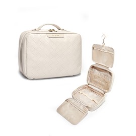 EACHY Hanging Toiletry Bag, Travel Makeup Bag PU Leather Cosmetic Bags for Women Make Up Organizer with 4 Compartments Waterproof Full-Size Portable Travel Essentials, Plait-White, Fashion