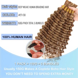 Human Braiding Hair 20 Inch 5 Bundles Deep Wave Bulk Human Hair for Braiding 27/30 Ombre Human Hair Braiding Hair No Weft 100% Unprocessed 12A Human Braiding Hair for Boho Braids 150g/Pack