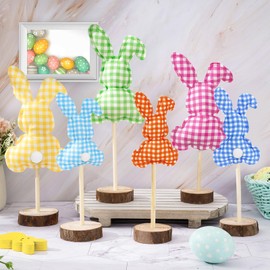 Whaline 6Pcs Easter Bunny Decorations Fabric Tall Standing Plaid Bunny Block Set Rabbit with Tail Balls Tabletop Centerpiece Sign for Easter Spring Tiered Tray Table Decor