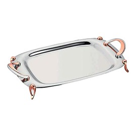 Korkmaz Rectangle Footed Stainless Steel Silver Serving Tray with Rose Gold Handles, Tray for Kitchen, Counter, Dresser, and Nightstand and Breakfast in Bed, Silver, 19.6" x 10.6"
