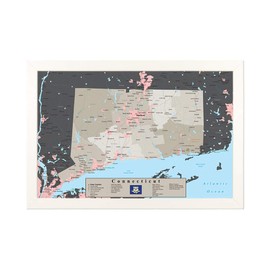 Connecticut Push Pin Travel Map with Pins - Earth Toned - Textured White Frame - 27.5 inches x 39.5 inches