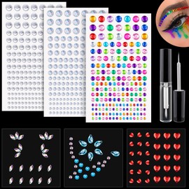 6 Sheets Face Gem Stickers Set 1, Rainbow Mixed Shape Crystal Self-Adhesive Rhinestones Jewels Stick on, With Makeup Glue for Eyes, Hair, Nails, Body, Crafts and Decorations