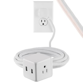Cordinate Cube Extension Cord, 10Ft, 3-Outlet Flat Plug Extension Cord, Cube Extension Cord with Multiple Outlets, 3 Prong Cube Extension Cord, 2 USB Ports Braided Extension Cord, Gray/White, 55356