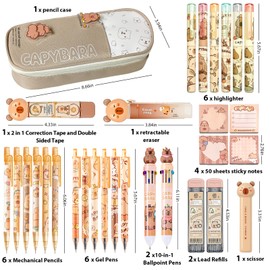 Capybara Stationery Set,Cute Capybara School Supplies,Kawaii Stationery Birthday Gifts,Includes Ballpoint Pens,Eraser, Mechanical Pencils,Correction Tape,Gel Pens,Scissors,for Office School Supplies