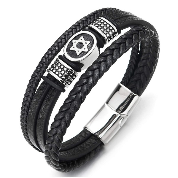 COOLSTEELANDBEYOND Herren DREI Stränge Schwarz Geflochtene Lederarmband Armband mit Edelstahl