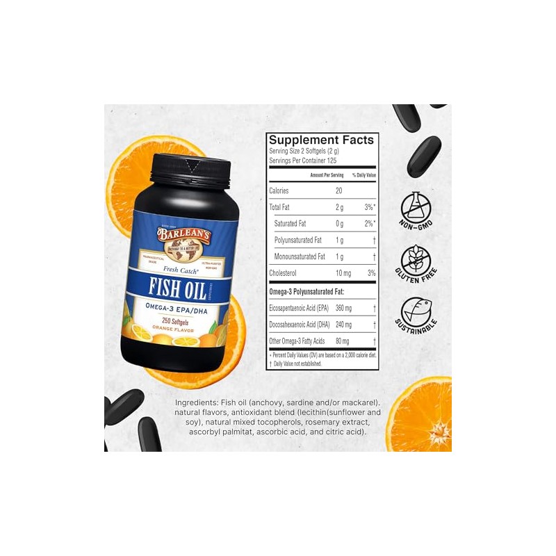 Barleans Fresh Catch Fish Oil, Omega-3, 1000mg EPADHA, Orange Flavor,