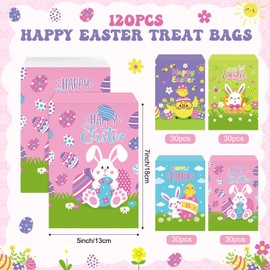 Fullhawl 120 Pcs Happy Easter Gift Bags Easter Favor Bags Bunny Treat Pouches Egg Hunt Paper Candy Pouches for Spring Party Wrapping Snacks Gifts Favors Supplies, 4 Designs(Classic)