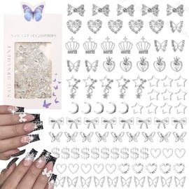 110 Pcs Dangle Star Silver Nail Charms Gems, 3D Crown Bows Nail Art Charms, Alloy Heart Butterfly Nail Charms for Acrylic Nails, Silver Nail Art Jewelry for Nails DIY Y2K Accessories