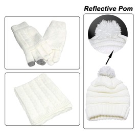 Winter Hat Gloves Scarf Set for Women, Cable Knit Beanie Pom Cap Touch Screen Glove Long Scarf 3PCS Winter Gift for Women Men