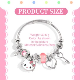 GWAWG Bracelet For Girls，Adjustable Stainless Steel Bracelet，Cat Cartoon Accessory，Pink Cute Girl Bracelet，Adjustable Jewelry Charm Bracelet Fashion Jewelry