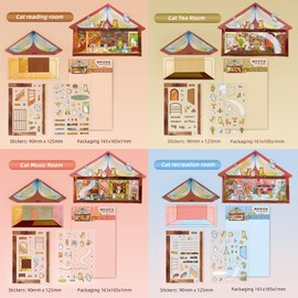 SHANFAA 4 Sets DIY 3D House Stickers,Cute Cats House 3D Scene Stickers Miniature Simulated Cabin Scene Stickers,Cartoon Cats Scenery Stickers for Adults and Kids
