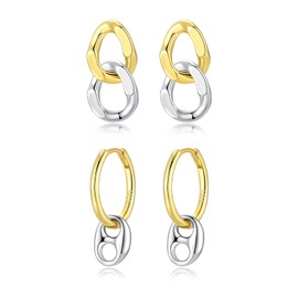 2 Unique Style Gold Hoops Earring and Silver Studs Earring Set for Women Chain Link Stud Drop Earrings 14K Gold and White Gold Plated Hypoallergenic Chunky Gold Earrings Hoops for Gifts Jewellery Special Design