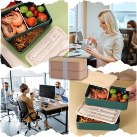 HAPPYCOSAS Bento Box Lunchbox für Erwachsene - Brotdose - 2 Etagen Meal Prep Box mit Besteck und Trennwänden - Bambusdeckel, 1400ml - Mikrowellen und Geschirrspülergeeignet - Natursand