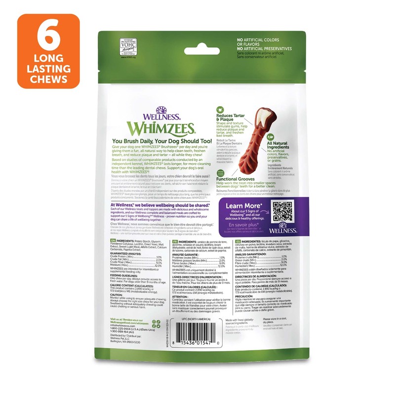 Whimzees Wellness Brushzees Dog Dental Treats, Natural Chews, Large Size