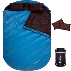 KingCamp Double Sleeping Bag for Adults, Queen Size 2 Person XXL Flannel Sleeping Bag, Lightweight Waterproof with 2 Pillows & Compression Sack for Couples & Family Camping, Blue