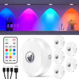 WILLED RGB Rechargeable Puck Lights with Remote Control, Under Cabinet Lighting Wireless, Dimmable Push Lights, Multicolor and Timing Function, LED Puck Lights for Kitchen, Cabinet and Shelf(6 Pack)