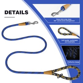 lynxking Rope Dog Leash 6 FT with Comfortable Padded Handle, Highly Reflective Threads Leash for Small Medium Large Dogs (Blue, Large 1/2in x 6ft-Rope Clasp)
