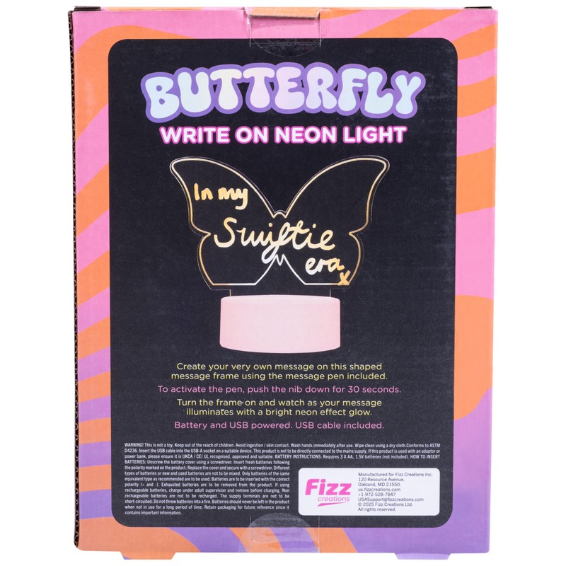 Fizz Creations Butterfly Write On Neon Light. USB-Powered Write a