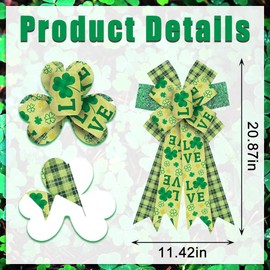 Estivaux Large St. Patrick's Day Bows for Wreath, Irish Shamrock Wreath Bows Green Buffalo Plaid Bows Burlap Tree Topper Bows for Front Door Saint Patrick's Day Carnival Masquerade Party Decor