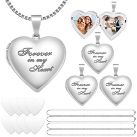 Aurelema 16 Pcs Forever in My Heart Locket Necklace Set Sublimation Pendant Trays Set That Hold Pictures Silver Locket Necklace 4 Bezel Tray 4 Chain 8 Sublimation Discs for Women Mom Gift