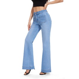 FLYING BANANA Women's Flare High Waisted Bell Bottom Wide Leg Jeans Baggy Stretch Trendy Denim with Pockets (Light Blue, 14 Long)