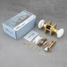 NCL White Door Knobs, Door Knob Interior, Porcelain Square Door Levers, Satin Brass Privacy Door Handles, Door Locks for Bedroom and Bathroom