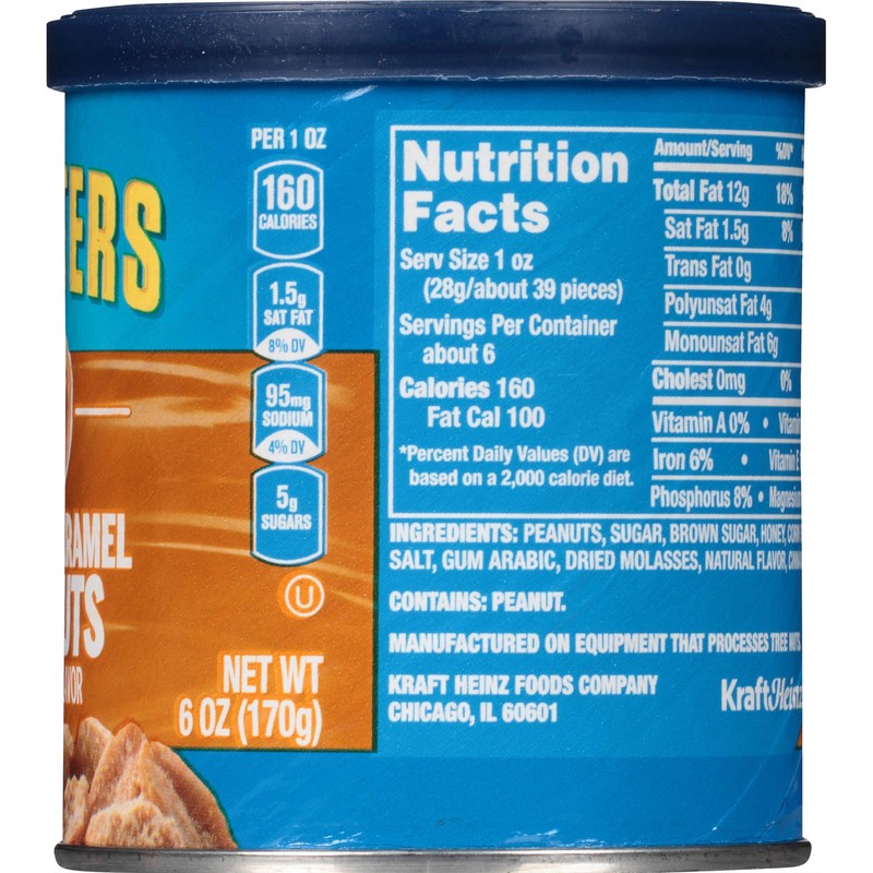 Planters Salted Caramel Peanuts 6oz Canister 160 Calories 6 Servings