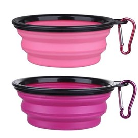 Collapsible Pet Bowl Set, Portable Silicone Travel Food Water Bowls with Carabiner Clip, Multi-Color, Space-Saving Design for Dogs Cats (Purple & Pink)