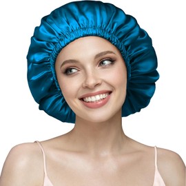Umisleep 22 Momme 100% Mulberry Silk Sleep Cap, Double Silk Night Cap for Curly Hair, Breathable, Adjustable Sleep Cap with Elastic Band for Attaching to the Head (Blue), blue