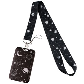 Juanooo Black Moon Lanyard with Card Holder for Keys Cute Planet Key Lanyard for Women Men Staff School ID Lanyard for Students
