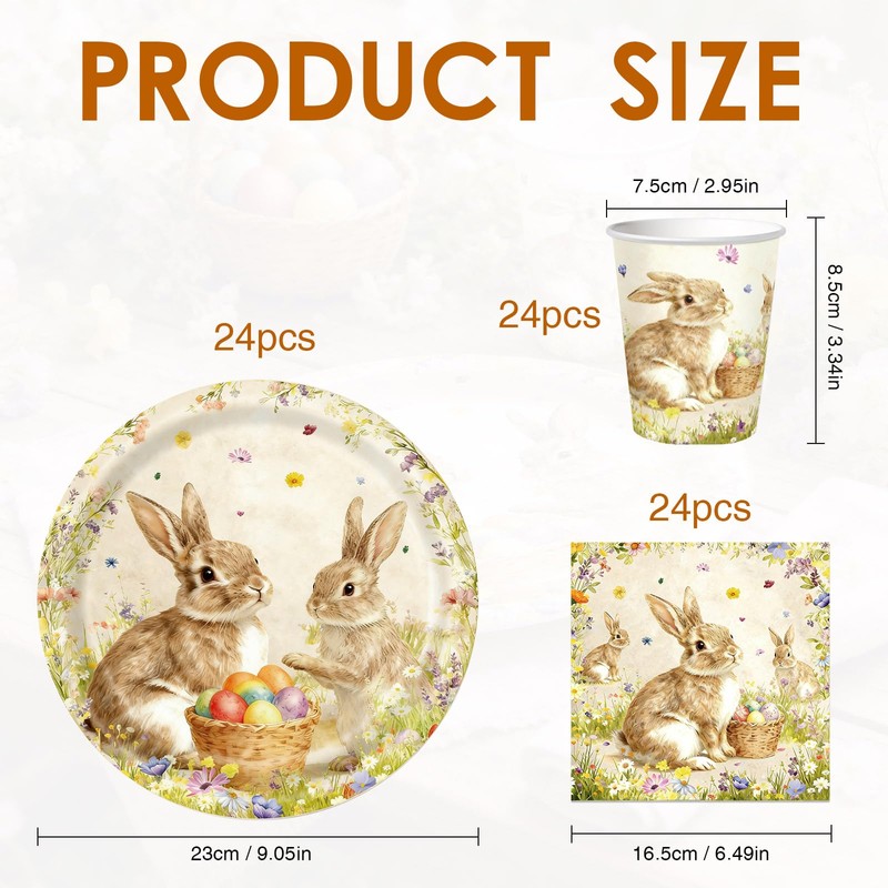 72 PCS Happy Easter Oval Paper Plates,Vintage Bunny Rabbit Flower