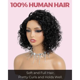 Style Icon Short Water Wave Wigs Human Hair Side Part Lace 12 inch Curly Bob Wigs Glueless Wear and Go Wig for Women C-Lace Natural Black (Color:1B)