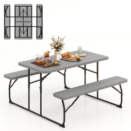 LDAILY Moccha Folding Picnic Table - Portable Picnic Table with Benches, HDPE Tabletop, Metal Frame, Foldable Camping Table, Outdoor Dining Table Set for Garden Party BBQ Patio Table Bench Set (Grey)