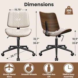 YaFiti Home Office Chair with Wheels, Armless Office Desk Chair Adjustable Height, Swivel Rolling Modern Walnut Mid Back Computer Task Chair for Home Office, Small Space, Beige, Lozenge Pattern