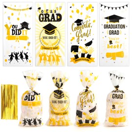 Graduation Treat Bags, 100 PCS Graduation Goodie Bags, Graduation Candy Bag, Plastic Graduation Cello Cookie Gift Snacks Wrapping Bag with Gold Twist Ties for Graduation Party Favor Supplies White