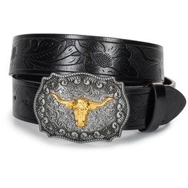IZUS Men-Women Longhorn-Bull-Head Western-Cowboy-Belt Floral-Embossed PU-Leather Rodeo Cowgirl-Belt 1.5" Wide for Jeans, Bull-black, 43"Belt for 32"-37" waist