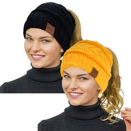 Rosoz 2 Pack Ponytail Beanie for Women,Winter Warm Beanie Tail Soft Stretch Cable Knit Messy High Bun Hat