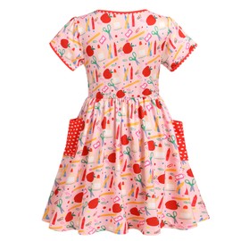 FYMNSI Toddler Little Girls Printed Dress with Pockets Baby Back to School Dress First Day of Kindergarten Outfit Short Sleeve Summer Casual Dress Kids Playwear Birthday Holiday Dress Pink 6-7T