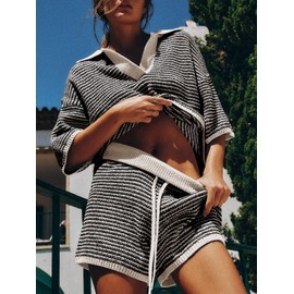 Tankaneo Womens Sweater Set 2 Piece Outfits Oversized 3/4 Sleeve V Neck Knit Tops High Waisted Shorts Lounge Sets