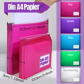 LEOBRO Document Folder DIN A4 & A5, Pack of 10, 5 Colours, Expansion Fold, PP Three-Dimensional A4 Document Bag with Zip and Label Pocket, Landscape Format, for Paper Size A4, A5