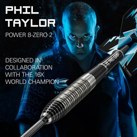 Target Darts Phil Taylor Power 8-Zero 2 Steel Tip Darts, 80% Tungsten Dart Set, 22G, Power 8 Zero Player Edition Darts with Swiss Points, Pro Grip Shafts, No. 6 Dart Flights and SP Tool