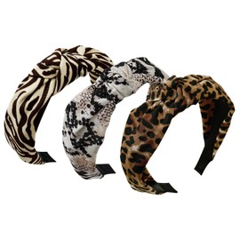 Yonchic 3-Piece Fashion Leopard Zebra Snake Printed Headbands for Women & Girls, Retro Knotted Headband, Cute Top Knot Head Bands Hair Accessories Set (Coffee)