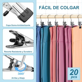 20PCS Pinzas para Ropa con Ganchos, Soporte para Pinzas de Ropa sin Marcas, Material de Acero Inoxidable, Fuerte Fuerza Sujeción, Ideal para Vaqueros, Ropa Interior, Calcetines y Toallas (20 Piezas)