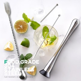 Homestia 4PCS Muddler Set for Cocktails, 10 Inch 304 Stainless Steel Cocktail Muddler for Mojito and Fruit Drinks, Home Bar Tool Set of Bar Spoon Swizzle Stick Cocktail Pick Silver