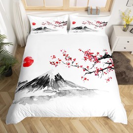 Homemissing Japanese Style Exotic Fuji Mountain Print Bedding Set for Girls Women Men Cherry Blossom 135x200cm Duvet Cover Microfiber Soft Red