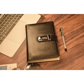 JunShop Digital Password Journal with Lock Retro Privacy Diary with Combination Lock Leather Binder Notebook Locking Journal Diary (Black)