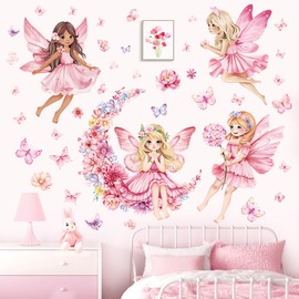 decalmile Pink Fairy Girls Wall Decals Flower Moon Butterfly Wall Stickers Girls Bedroom Baby Nursery Kids Room Wall Decor