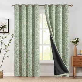 JINCHAN 100% Blackout Curtains for Bedroom, Green Scroll Floral Patterned Curtains 84 Inch Length for Living Room, Farmhouse Vintage Art Deco Drapes, Thermal Insulated Window Curtains Grommet 2 Panels